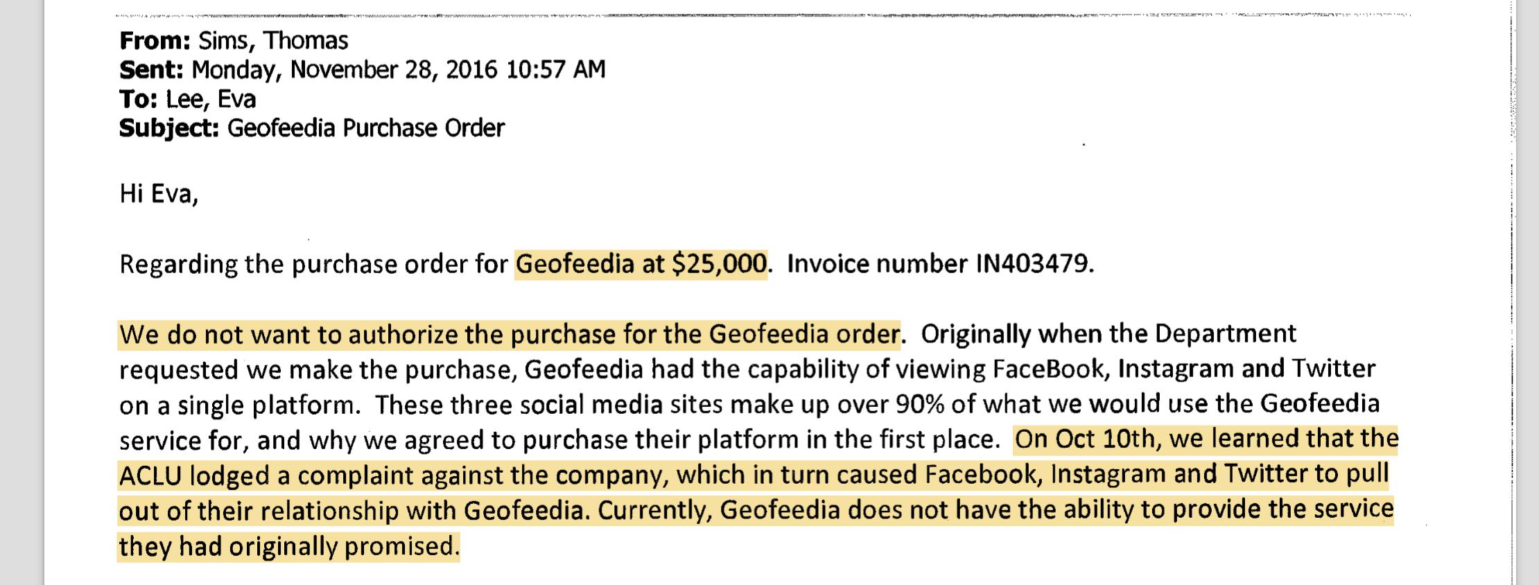 Excerpt of email from San Jose Police Lt. Thomas Sims explaining why they have decided not to renew their $25,000 annual subscription to the Geofeedia social media surveillance service.
