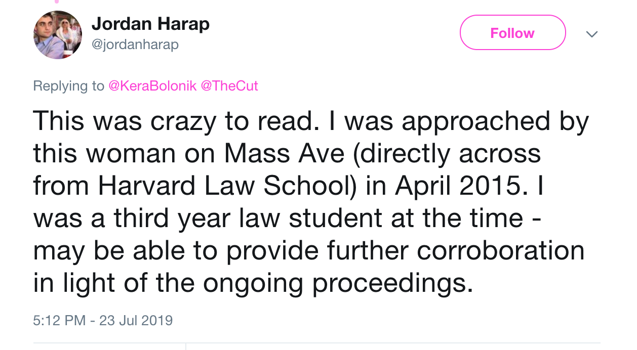 This was crazy to read. I was approached by this woman on Mass Ave (directly across from Harvard Law School) in April 2015. I was a third year law student at the time - may be able to provide further corroboration in light of the ongoing proceedings.
