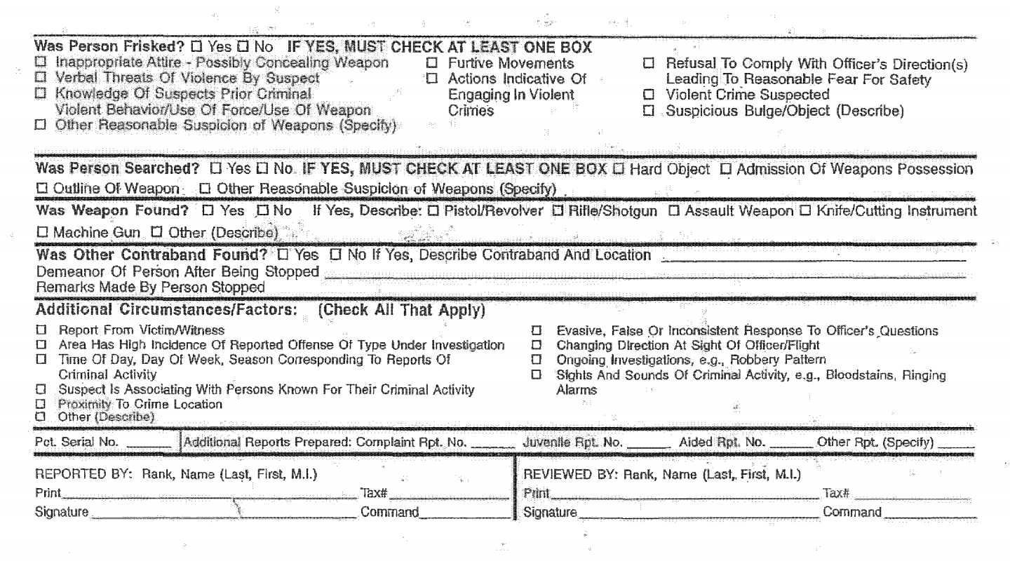 NYPD Stop, Question, and Frisk Worksheet (UF250); My attempt at